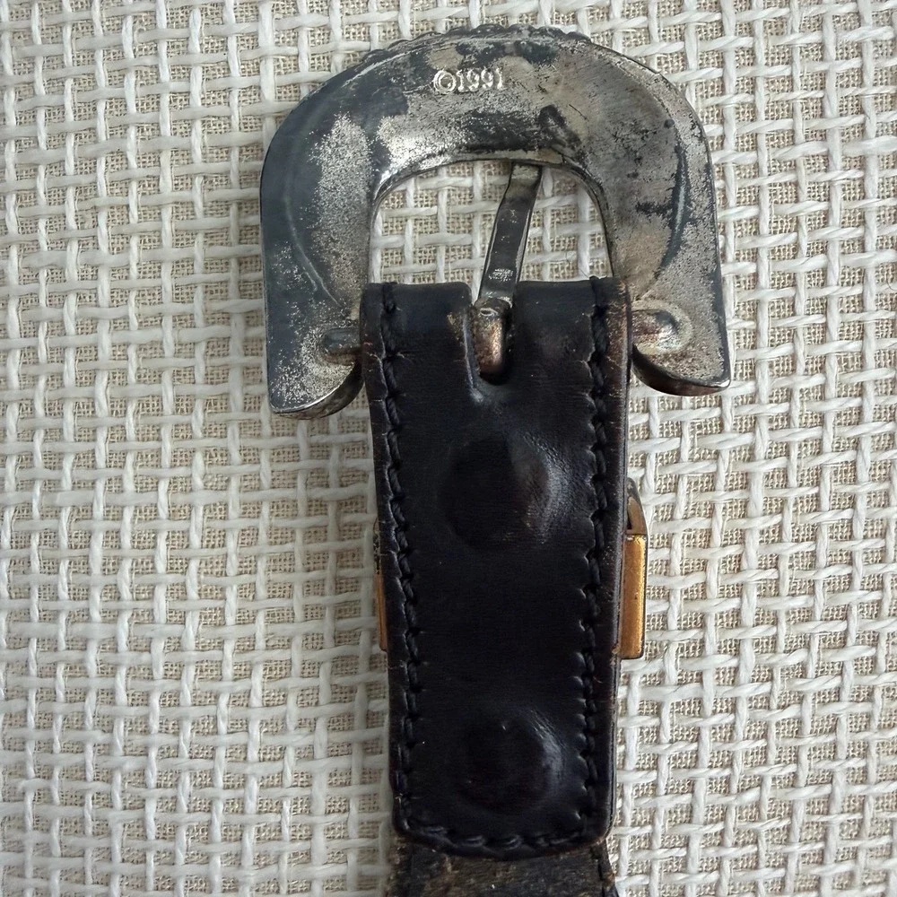 VTG Beaded Leather Belt Size 30 Southwestern Aztec Silver Buckle Country Western
